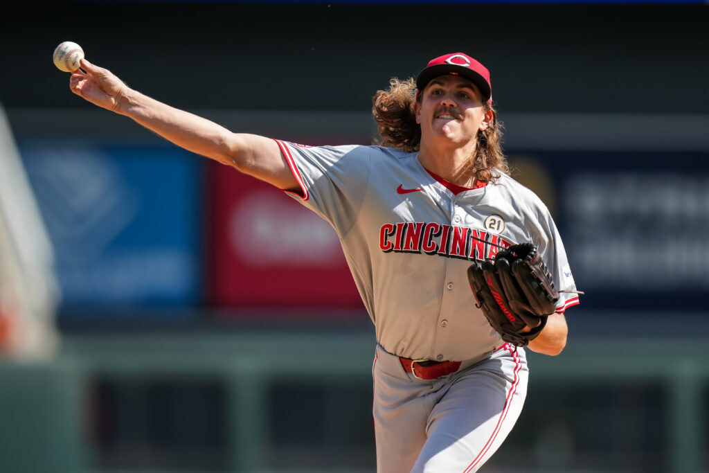 Rhett Lowder of the Cincinnati Reds pitches against the Minnesota Twins.