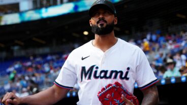 Sandy Alcantara of the Miami Marlins takes the field prior to a game against the Pittsburgh Pirates on Opening Day at loanDepot Park.