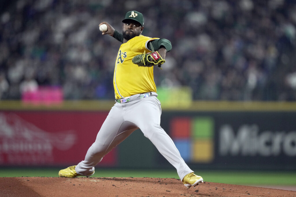 SEATTLE, WASHINGTON - MARCH 27: Luis Severino #40 of the Athletics pitches in the first inning against the Seattle Mariners on Opening Day at T-Mobile Park on March 27, 2025 in Seattle, Washington. (Photo by Stephen Brashear/Getty Images)