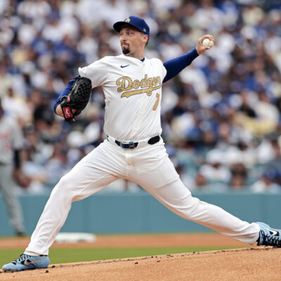 LOS ANGELES, CALIFORNIA - MARCH 27: Blake Snell #7 of the Los Angeles Dodgers pitches in the first inning against the Detroit Tigers on Opening Day at Dodger Stadium on March 27, 2025 in Los Angeles, California. (Photo by Harry How/Getty Images)