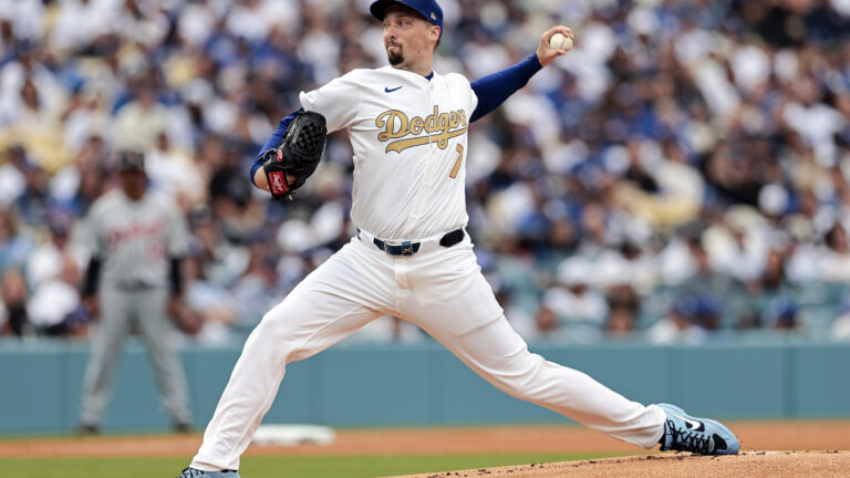 LOS ANGELES, CALIFORNIA - MARCH 27: Blake Snell #7 of the Los Angeles Dodgers pitches in the first inning against the Detroit Tigers on Opening Day at Dodger Stadium on March 27, 2025 in Los Angeles, California. (Photo by Harry How/Getty Images)