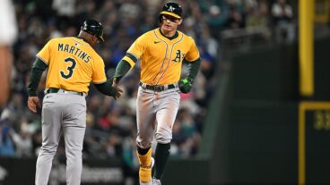 Tyler Soderstrom of the Athletics rounds the bases after hitting a home run in the bottom of the fourth inning during the game between the Athletics and the Seattle Mariners at T-Mobile Park.
