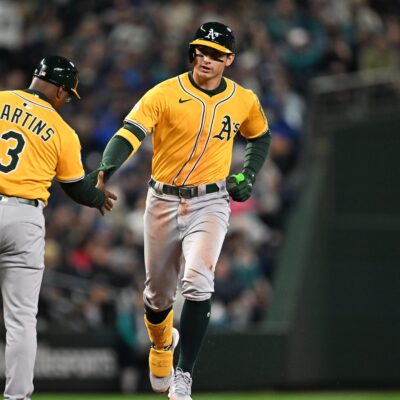 Tyler Soderstrom of the Athletics rounds the bases after hitting a home run in the bottom of the fourth inning during the game between the Athletics and the Seattle Mariners at T-Mobile Park.