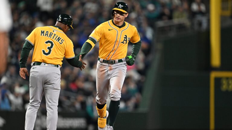 Tyler Soderstrom of the Athletics rounds the bases after hitting a home run in the bottom of the fourth inning during the game between the Athletics and the Seattle Mariners at T-Mobile Park.