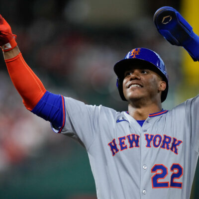 HOUSTON, TX - MARCH 27: Juan Soto #22 of the New York Mets reacts after reaching first base in the eighth inning during the game between the New York Mets and the Houston Astros at Daikin Park on Thursday, March 27, 2025 in Houston, Texas. (Photo by Kevin M. Cox/MLB Photos via Getty Images)