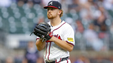 Spencer Schwellenbach of the Atlanta Braves reacts during the game between the New York Mets and the Atlanta Braves at Truist Park.