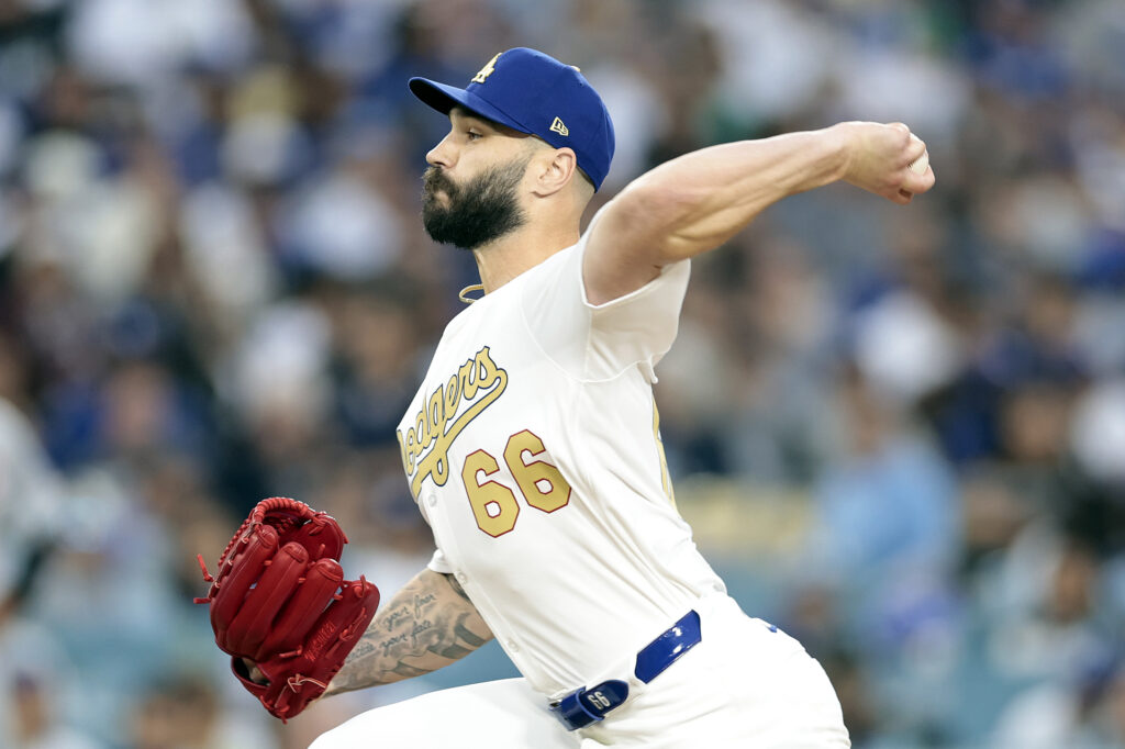 LOS ANGELES, CALIFORNIA - MARCH 27: Tanner Scott #66 of the Los Angeles Dodgers pitches in the eighth inning against the Detroit Tigers on Opening Day at Dodger Stadium on March 27, 2025 in Los Angeles, California. (Photo by Ronald Martinez/Getty Images)