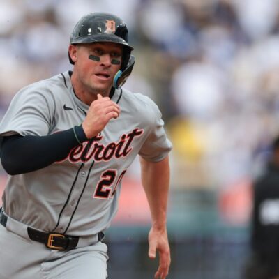 Spencer Torkelson of the Detroit Tigers runs to third base in the second inning during the game between the Detroit Tigers and the Los Angeles Dodgers at Dodger Stadium.