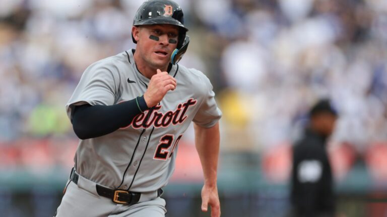 Spencer Torkelson of the Detroit Tigers runs to third base in the second inning during the game between the Detroit Tigers and the Los Angeles Dodgers at Dodger Stadium.