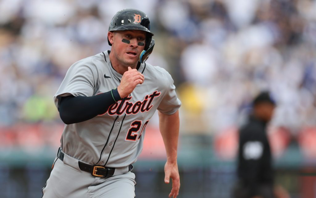 Spencer Torkelson of the Detroit Tigers runs to third base in the second inning during the game between the Detroit Tigers and the Los Angeles Dodgers at Dodger Stadium.