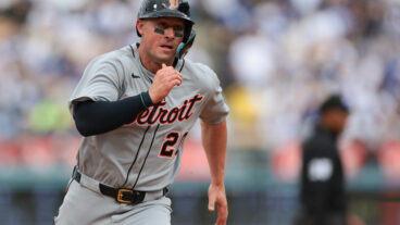 Spencer Torkelson of the Detroit Tigers runs to third base in the second inning during the game between the Detroit Tigers and the Los Angeles Dodgers at Dodger Stadium.