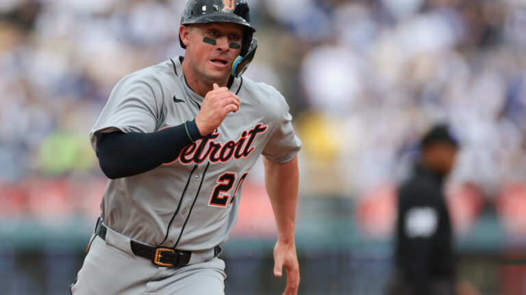 Spencer Torkelson of the Detroit Tigers runs to third base in the second inning during the game between the Detroit Tigers and the Los Angeles Dodgers at Dodger Stadium.