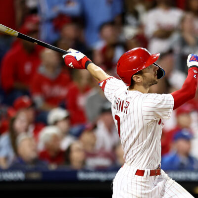 PHILADELPHIA, PENNSYLVANIA - OCTOBER 11: Trea Turner #7 of the Philadelphia Phillies hits a solo home run against the Atlanta Braves during the sixth inning in Game Three of the Division Series at Citizens Bank Park on October 11, 2023 in Philadelphia, Pennsylvania. (Photo by Tim Nwachukwu/Getty Images)