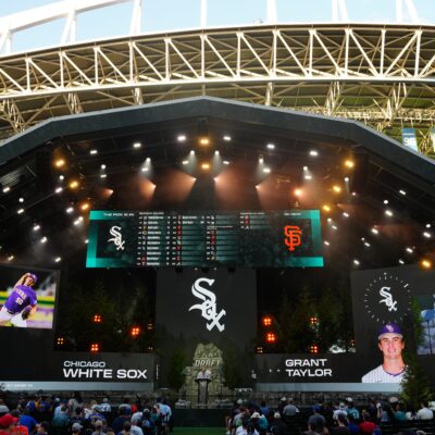 A general view of the stage as Grant Taylor is announced as a second round pick by the Chicago White Sox during the MLB Draft presented by Nike at Lumen Field.
