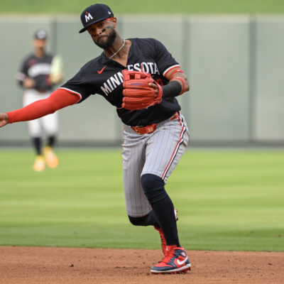 ST LOUIS, MISSOURI - MARCH 27: Willi Castro #50 of the Minnesota Twins throws to first base during the second inning against the St. Louis Cardinals on Opening Day at Busch Stadium on March 27, 2025 in St Louis, Missouri. (Photo by Joe Puetz/Getty Images)