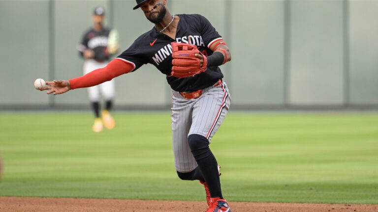 ST LOUIS, MISSOURI - MARCH 27: Willi Castro #50 of the Minnesota Twins throws to first base during the second inning against the St. Louis Cardinals on Opening Day at Busch Stadium on March 27, 2025 in St Louis, Missouri. (Photo by Joe Puetz/Getty Images)