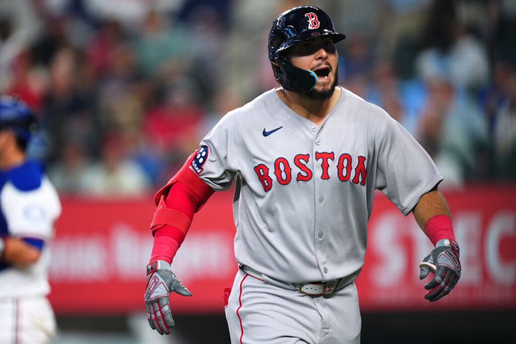 ARLINGTON, TX - MARCH 27: Wilyer Abreu #52 of the Boston Red Sox reacts after hitting a home run to tie the game in the fifth inning during the game between the Boston Red Sox and the Texas Rangers at Globe Life Field on Thursday, March 27, 2025 in Arlington, Texas. (Photo by Cooper Neill/MLB Photos via Getty Images)