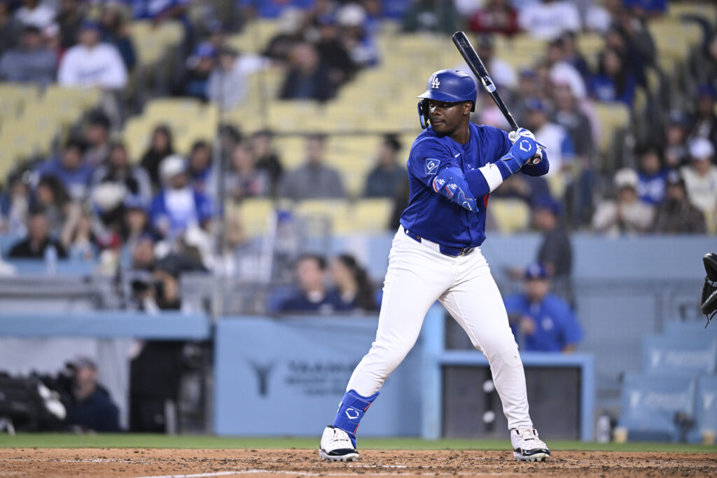 LOS ANGELES, CALIFORNIA - MARCH 23: Zyhir Hope #94 of the Los Angeles Dodgers at bat against the Los Angeles Angels at Dodger Stadium on March 23, 2025 in Los Angeles, California. (Photo by John McCoy/Getty Images)