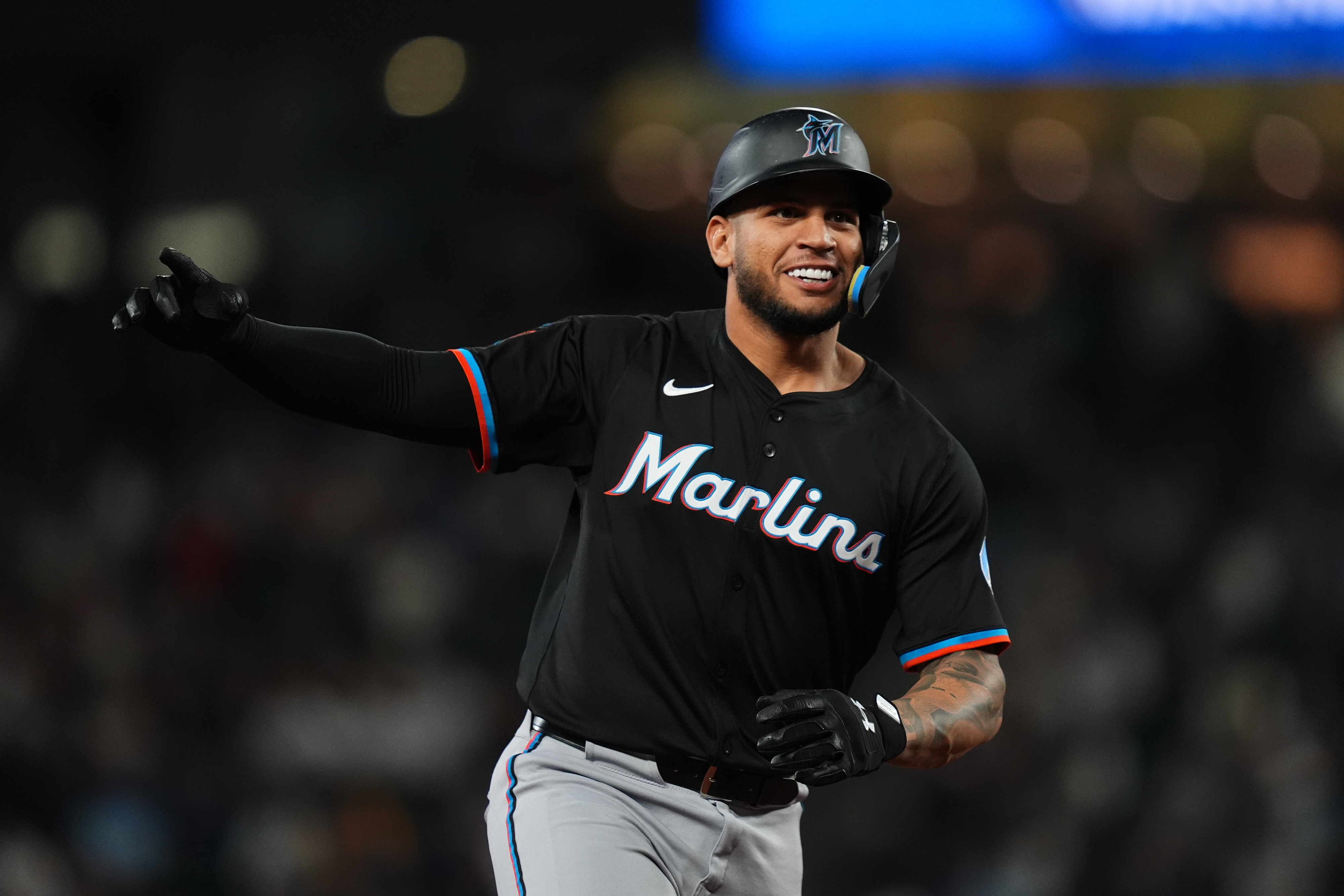 SEATTLE, WASHINGTON - APRIL 25: Agustin Ramirez #50 of the Miami Marlins rounds the bases after hitting his first major league home run in the game against the Seattle Mariners at T-Mobile Park on April 25, 2025 in Seattle, Washington. (Photo by Jasen Vinlove/Miami Marlins/Getty Images)