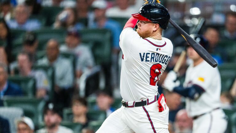 ATLANTA, GA - APRIL 22: Alex Verdugo #8 of the Atlanta Braves hits an RBI double in the fourth inning against the St. Louis Cardinals at Truist Park on April 22, 2025 in Atlanta, Georgia. (Photo by Matthew Grimes Jr./Atlanta Braves/Getty Images)