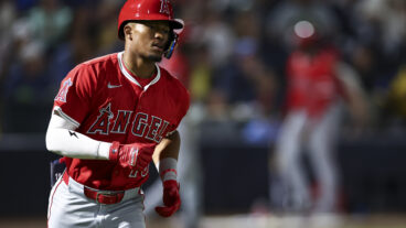 Kyren Paris of the Los Angeles Angels rounds the bases after hitting a solo home run during the eighth inning of a game against the Tampa Bay Rays at George M. Steinbrenner Field.