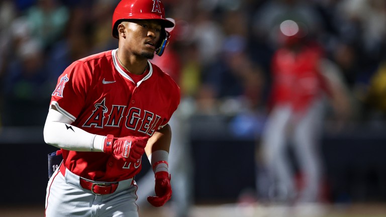 Kyren Paris of the Los Angeles Angels rounds the bases after hitting a solo home run during the eighth inning of a game against the Tampa Bay Rays at George M. Steinbrenner Field.