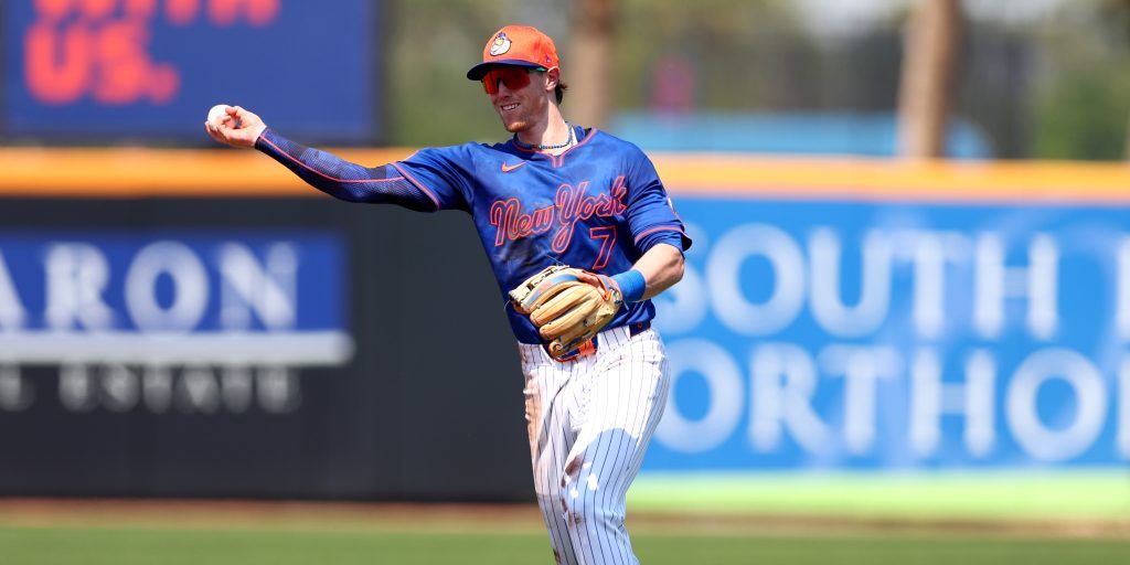 PORT ST. LUCIE, FLORIDA - MARCH 13: Brett Baty #7 of the New York Mets throws to first base against the Boston Red Sox in the third inning during a spring training game at Clover Park on March 13, 2025 in Port St. Lucie, Florida. (Photo by Megan Briggs/Getty Images)