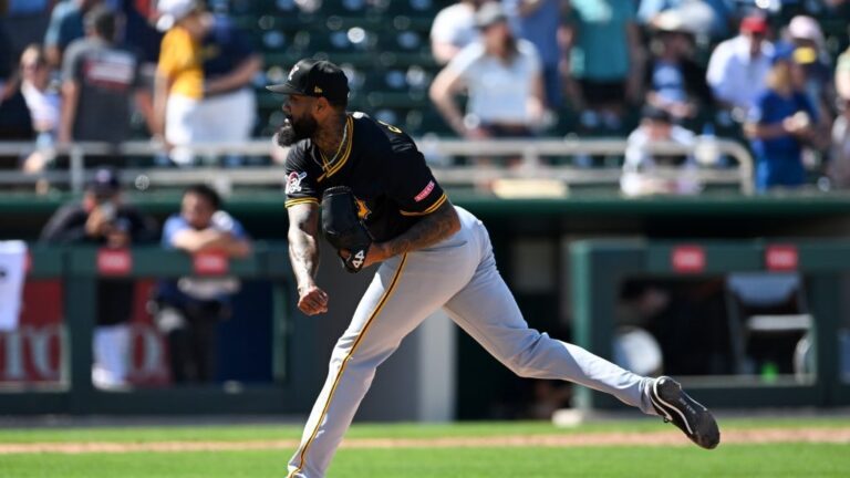 Dennis Santana of the Pittsburgh Pirates throws a pitch during the seventh inning of a spring training game against the Minnesota Twins at Lee Health Sports Complex.
