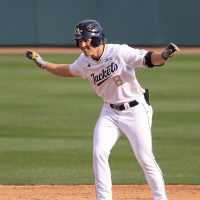 Georgia Tech outfielder Drew Burress reacts after hitting a double during the men's college baseball game between the Georgia Bulldogs and the Georgia Tech Yellow Jackets.