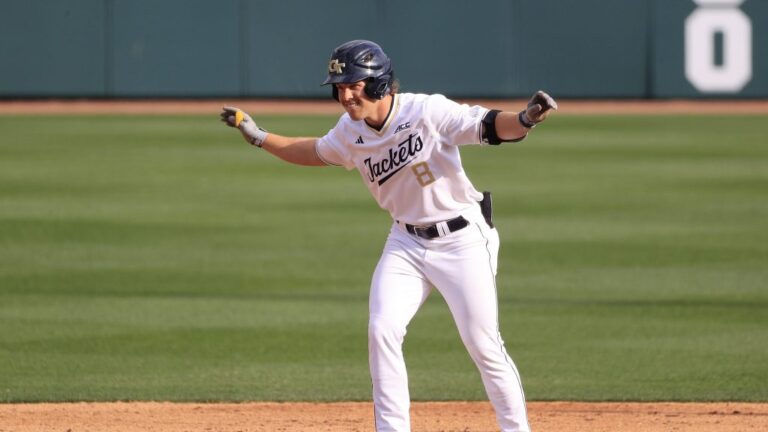 Georgia Tech outfielder Drew Burress reacts after hitting a double during the men's college baseball game between the Georgia Bulldogs and the Georgia Tech Yellow Jackets.