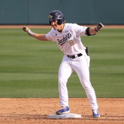 Georgia Tech outfielder Drew Burress reacts after hitting a double during the men's college baseball game between the Georgia Bulldogs and the Georgia Tech Yellow Jackets.
