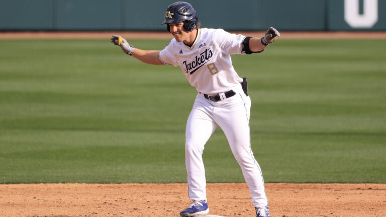 Georgia Tech outfielder Drew Burress reacts after hitting a double during the men's college baseball game between the Georgia Bulldogs and the Georgia Tech Yellow Jackets.