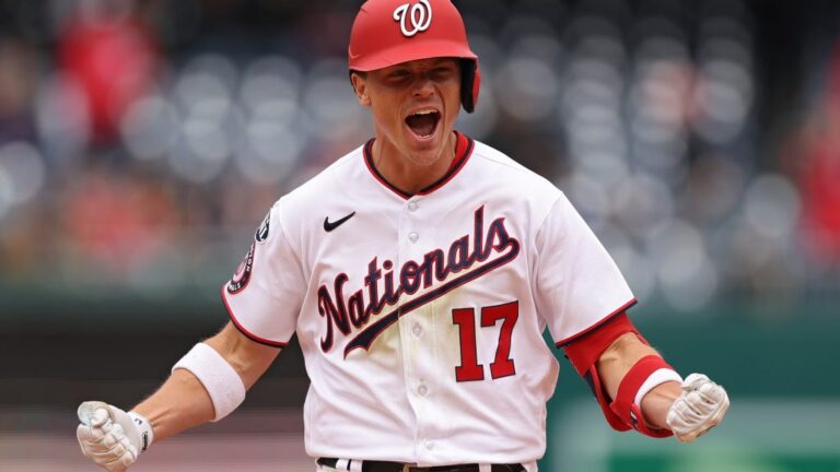 WASHINGTON, DC - MAY 04: Alex Call #17 of the Washington Nationals celebrates as he rounds the bases after hitting a walk-off home run against the Chicago Cubs during the ninth inning at Nationals Park on May 04, 2023 in Washington, DC. (Photo by Patrick Smith/Getty Images)