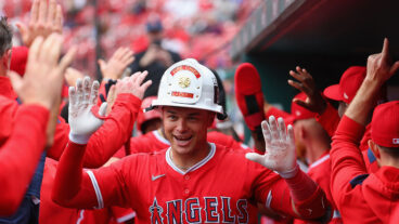 ST LOUIS, MISSOURI - APRIL 2: Logan O'Hoppe #14 of the Los Angeles Angels celebrates after hitting a grand slam against the St. Louis Cardinals in the seventh inning at Busch Stadium on April 2, 2025 in St Louis, Missouri. (Photo by Dilip Vishwanat/Getty Images)