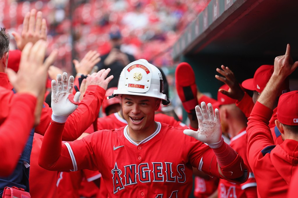 ST LOUIS, MISSOURI - APRIL 2: Logan O'Hoppe #14 of the Los Angeles Angels celebrates after hitting a grand slam against the St. Louis Cardinals in the seventh inning at Busch Stadium on April 2, 2025 in St Louis, Missouri. (Photo by Dilip Vishwanat/Getty Images)