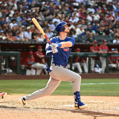 Kyle Tucker #30 of the Chicago Cubs hits a three run home run against the Arizona Diamondbacks during the eighth inning at Chase Field.