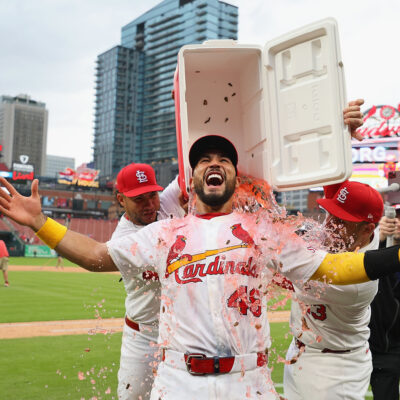 ST LOUIS, MISSOURI - APRIL 2: Willson Contreras #40 and Pedro Pagés #43 both of the St. Louis Cardinals dump a cooler on Iván Herrera #48 of the St. Louis Cardinals after Herrera hit three home runs in a game against the Los Angeles Angels at Busch Stadium on April 2, 2025 in St Louis, Missouri. (Photo by Dilip Vishwanat/Getty Images)