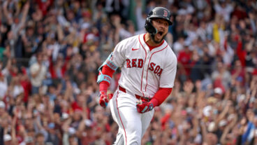 Boston Red Sox outfielder Wilyer Abreu (52) celebrates his solo HR in the first as the Red Sox play the Cardinals on Opening Day at Fenway on April 4. (Staff Photo By Stuart Cahill/Boston Herald)