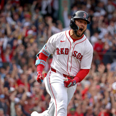 Boston Red Sox outfielder Wilyer Abreu (52) celebrates his solo HR in the first as the Red Sox play the Cardinals on Opening Day at Fenway on April 4. (Staff Photo By Stuart Cahill/Boston Herald)
