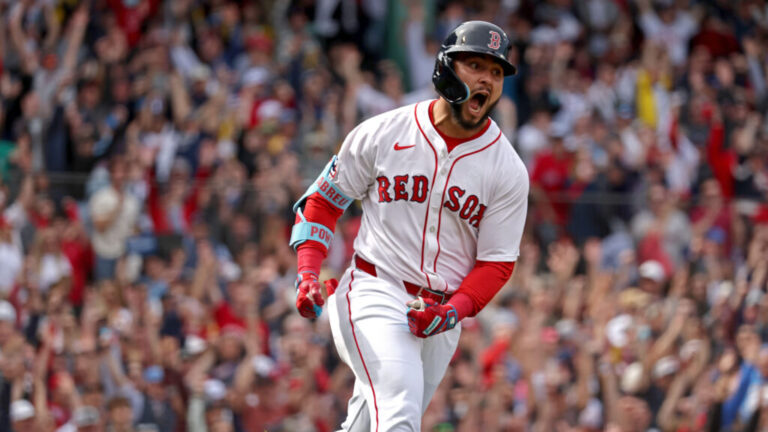 Boston Red Sox outfielder Wilyer Abreu (52) celebrates his solo HR in the first as the Red Sox play the Cardinals on Opening Day at Fenway on April 4. (Staff Photo By Stuart Cahill/Boston Herald)
