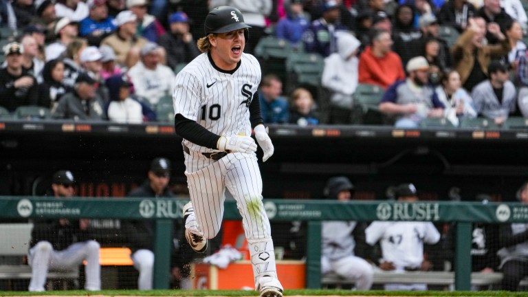 Chase Meidroth #10 of the Chicago White Sox runs to first base during the eighth inning of the game against the Boston Red Sox at Rate Field