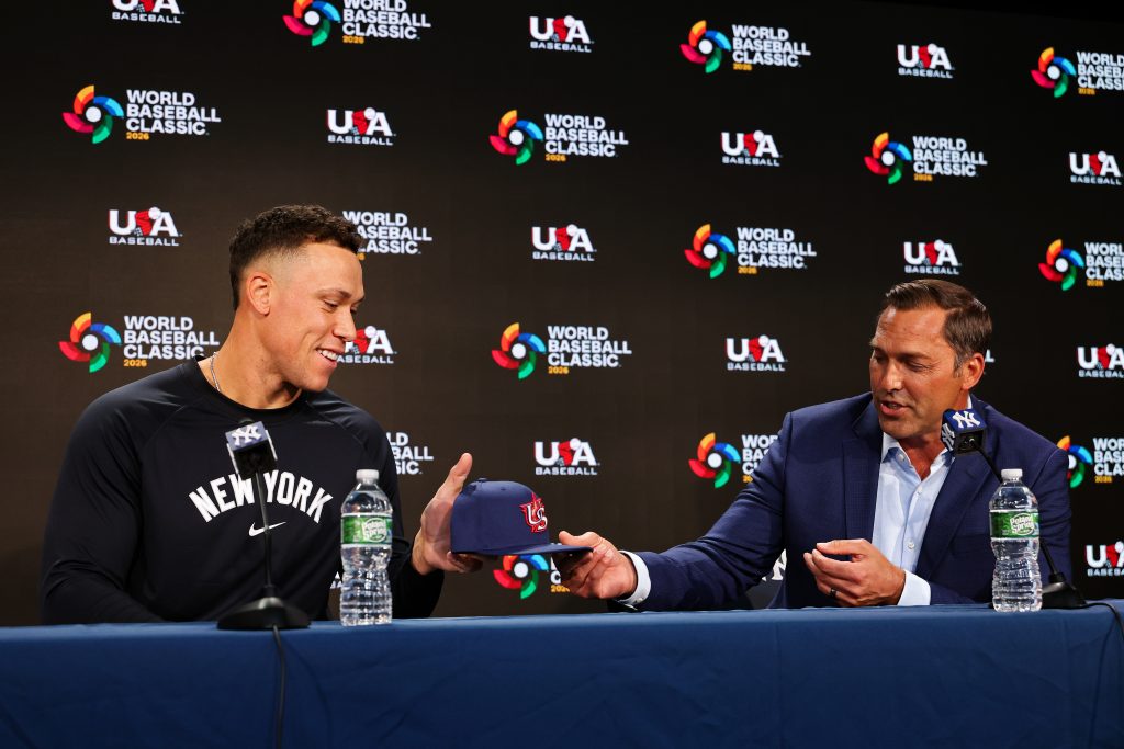 2026 WBC Team USA Captain Aaron Judge of the New York Yankees and Team USA manager Mark DeRosa speak to the media before the game against the Kansas City Royals at Yankee Stadium.