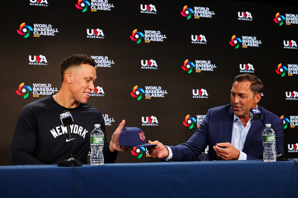 2026 WBC Team USA Captain Aaron Judge of the New York Yankees and Team USA manager Mark DeRosa speak to the media before the game against the Kansas City Royals at Yankee Stadium.