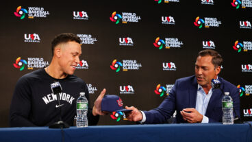 2026 WBC Team USA Captain Aaron Judge of the New York Yankees and Team USA manager Mark DeRosa speak to the media before the game against the Kansas City Royals at Yankee Stadium.