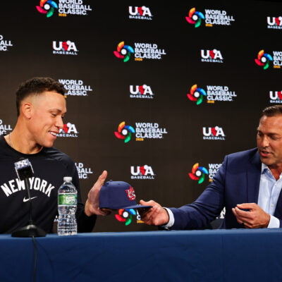 2026 WBC Team USA Captain Aaron Judge of the New York Yankees and Team USA manager Mark DeRosa speak to the media before the game against the Kansas City Royals at Yankee Stadium.