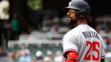 ATLANTA, GA - APRIL 20: Byron Buxton #25 of the Minnesota Twins prepares for his at bat during the MLB game between the Minnesota Twins and the Atlanta Braves on April 20, 2025 at TRUIST Park in Atlanta, GA. (Photo by Jeff Robinson/Icon Sportswire via Getty Images)