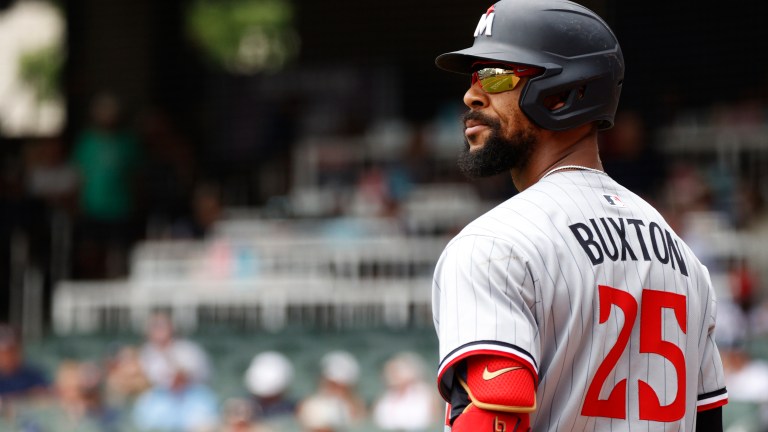 ATLANTA, GA - APRIL 20: Byron Buxton #25 of the Minnesota Twins prepares for his at bat during the MLB game between the Minnesota Twins and the Atlanta Braves on April 20, 2025 at TRUIST Park in Atlanta, GA. (Photo by Jeff Robinson/Icon Sportswire via Getty Images)