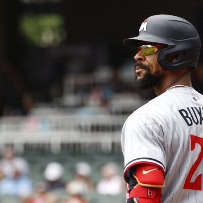ATLANTA, GA - APRIL 20: Byron Buxton #25 of the Minnesota Twins prepares for his at bat during the MLB game between the Minnesota Twins and the Atlanta Braves on April 20, 2025 at TRUIST Park in Atlanta, GA. (Photo by Jeff Robinson/Icon Sportswire via Getty Images)