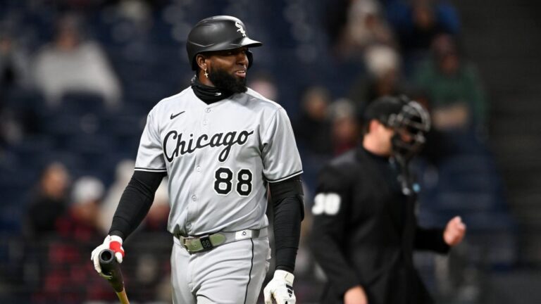 CLEVELAND, OHIO - APRIL 09: Luis Robert Jr. #88 of the Chicago White Sox reacts after striking out during the ninth inning against the Cleveland Guardians at Progressive Field on April 09, 2025 in Cleveland, Ohio. (Photo by Nick Cammett/Diamond Images via Getty Images)
