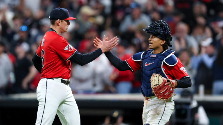 CLEVELAND, OH - APRIL 22: Cleveland Guardians relief pitcher Cade Smith (36) and Cleveland Guardians catcher Bo Naylor (23) celebrate following the Major League Baseball game between the New York Yankees and Cleveland Guardians on April 22, 2025, at Progressive Field in Cleveland, OH. (Photo by Frank Jansky/Icon Sportswire via Getty Images)